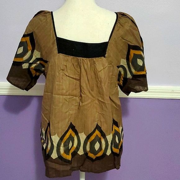Mossimo Brown Neutrals Boho Print Gauzy Flowy Top - Picture 5 of 7